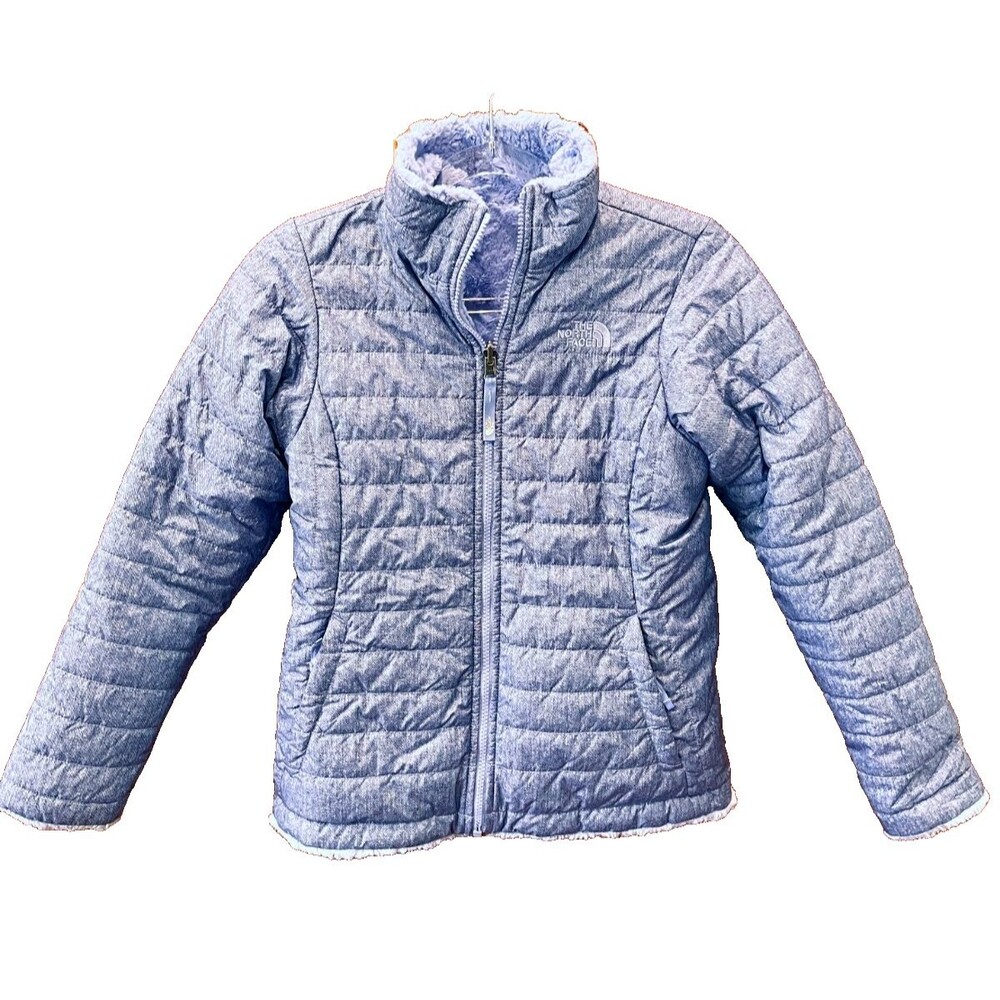 The North Face Girls Reversible Mossbud Swirl Jacket Grapemist Blue Denim size L